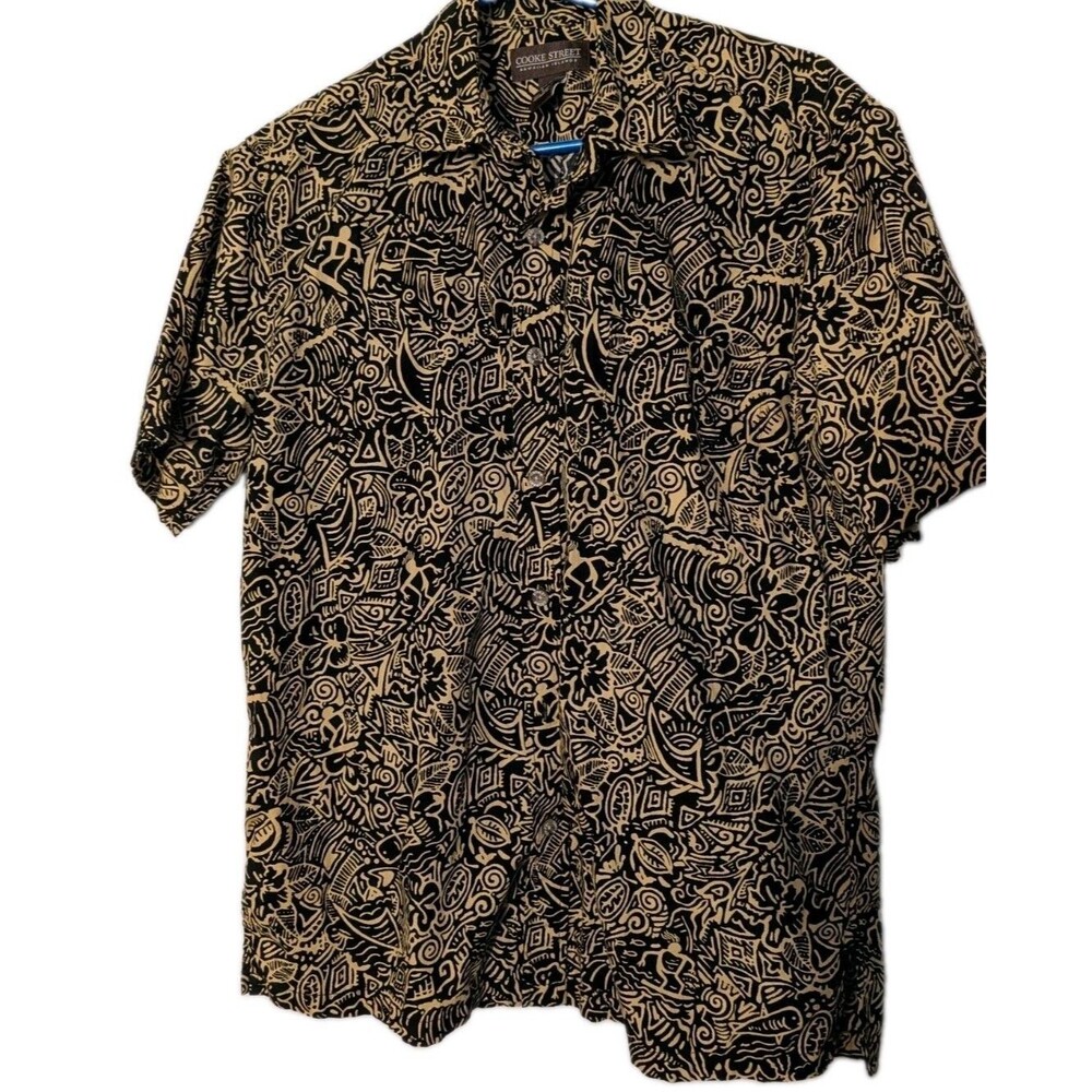 Cooke Street Hawaiian Shirt Mens Small Black Tan Tribal Tiki Aloha 100% Cotton